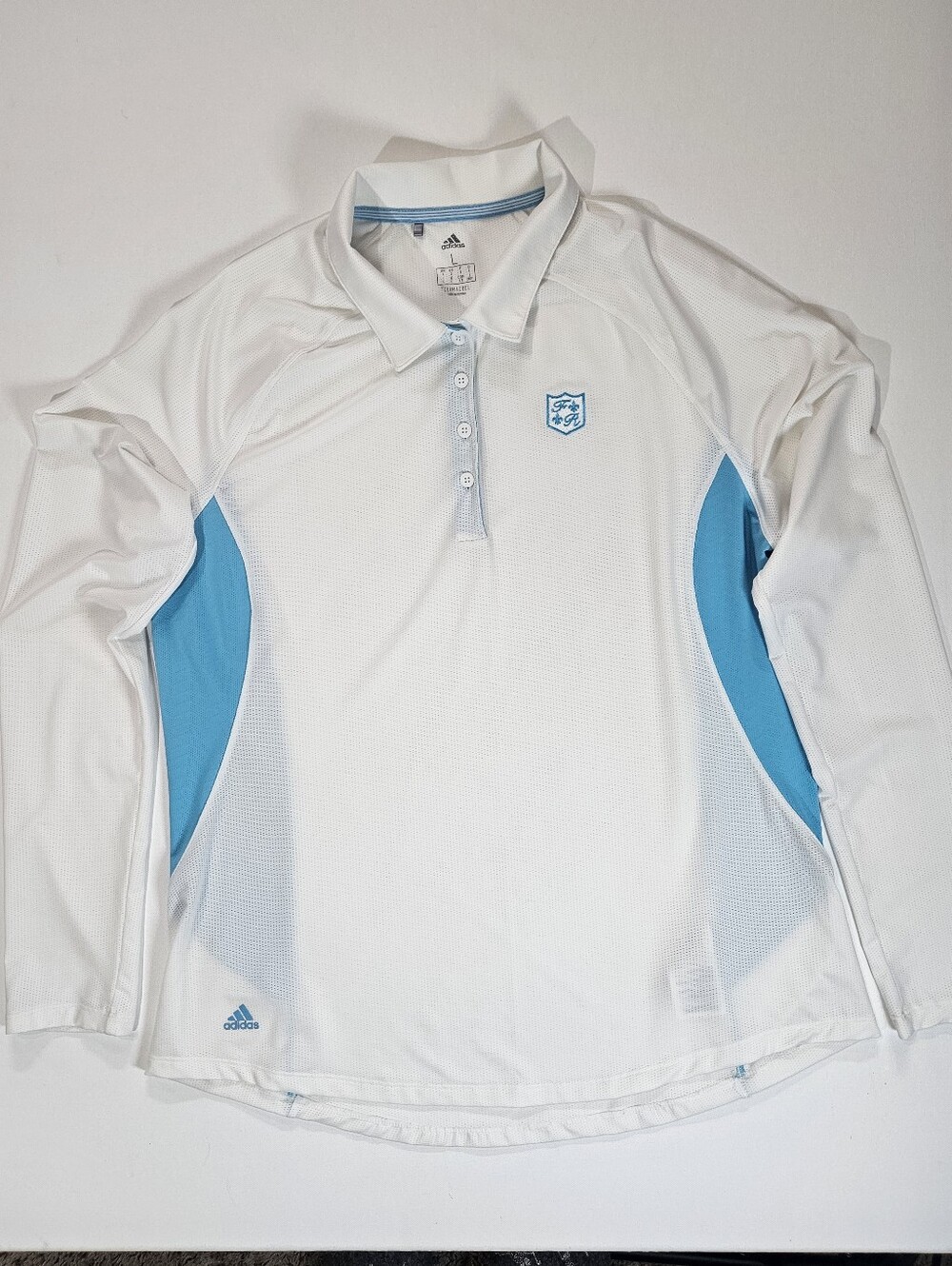 Adidas Climacool Athletic Polo Shirt Women Large White Blue Logo Golf Activewear